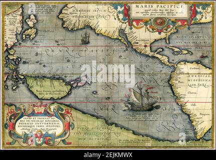 Maris Pacifici par Abraham Ortelius. Cette carte a été publiée en 1589 dans son Theatrum Orbis Terrarum. Il s'agissait non seulement de la première carte imprimée du Pacifique, mais aussi des Amériques pour la première fois. Banque D'Images