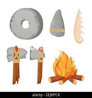 Outils primitifs de l'âge de pierre, ensemble d'armes avec feu de camp, hache, roue, affûter la roche et l'os dans le style de dessin animé isolé sur fond blanc vecteur illus Illustration de Vecteur