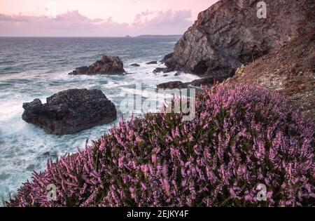 Trevellas Porth plage au coucher du soleil près de trevaunance et St Agnes cornwall Angleterre royaume-uni Banque D'Images