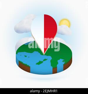 Carte isométrique ronde de Monaco et marqueur de point avec drapeau de Monaco. Nuage et soleil en arrière-plan. Illustration du vecteur isométrique. Illustration de Vecteur