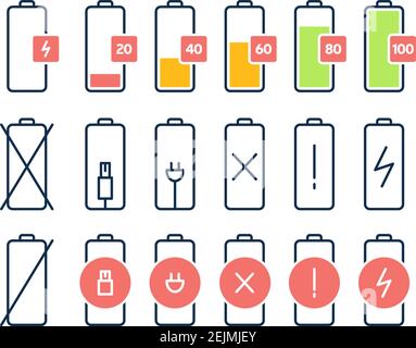 Batterie déchargée et entièrement chargée du smartphone. Ensemble d'indicateurs de niveau de charge de la batterie. Infographie vectorielle. Indication de charge, niveau ou état Illustration de Vecteur
