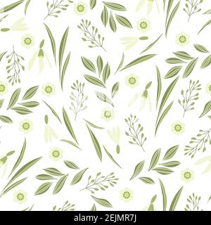 Motif printanier avec gouttes de neige, feuilles et petites fleurs sur fond transparent Illustration de Vecteur