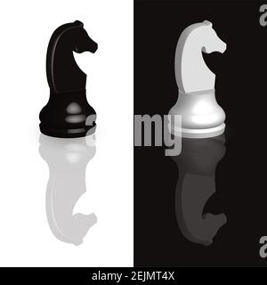 Pièces d'échecs noir et blanc 3d chevalier avec un miroir reflétant les figures sur la surface.pièces d'échecs 3D réalistes pour un jeu de société. Banque D'Images