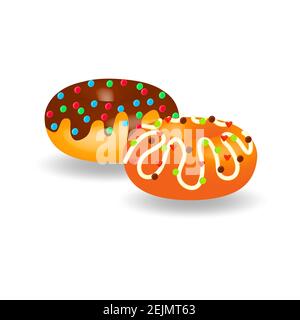 Appétissant beignets colorés doux isolés sur fond blanc en gros plan. Illustration 3D réaliste de beignets au chocolat et au glaçage blanc. Pour une publicité Banque D'Images