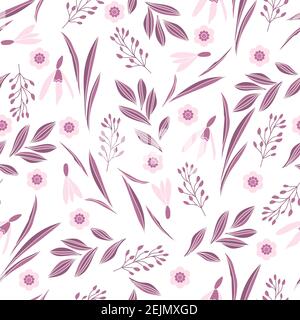 Motif printanier avec gouttes de neige, feuilles et petites fleurs sur fond transparent Illustration de Vecteur