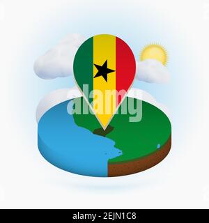 Carte ronde isométrique du Ghana et marqueur de point avec drapeau du Ghana. Nuage et soleil en arrière-plan. Illustration du vecteur isométrique. Illustration de Vecteur