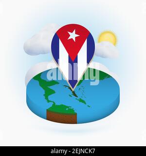 Carte isométrique ronde de Cuba et marqueur avec drapeau de Cuba. Nuage et soleil en arrière-plan. Illustration du vecteur isométrique. Illustration de Vecteur