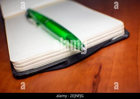 Bloc-notes avec stylo bille vert pour dessiner et prendre rapidement Notes sur un bureau en bois et le papier est toujours vide et libre de note d'école Banque D'Images