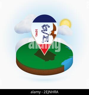 Carte circulaire isométrique de l'État américain de l'Iowa et marqueur de point avec drapeau de l'Iowa. Nuage et soleil en arrière-plan. Illustration du vecteur isométrique. Illustration de Vecteur