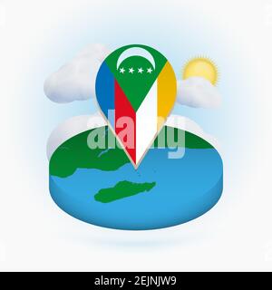 Carte ronde isométrique des Comores et marqueur de point avec drapeau des Comores. Nuage et soleil en arrière-plan. Illustration du vecteur isométrique. Illustration de Vecteur