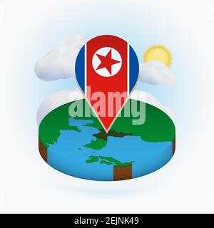 Carte ronde isométrique de la Corée du Nord et marqueur avec drapeau de la Corée du Nord. Nuage et soleil en arrière-plan. Illustration du vecteur isométrique. Illustration de Vecteur
