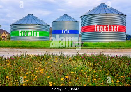 Les silos énoncent le slogan « grandir ensemble la vie », à Harvest Green, un projet d’expert d’agrihood communautaire, le 27 septembre 2017, à Richmond, au Texas. Banque D'Images