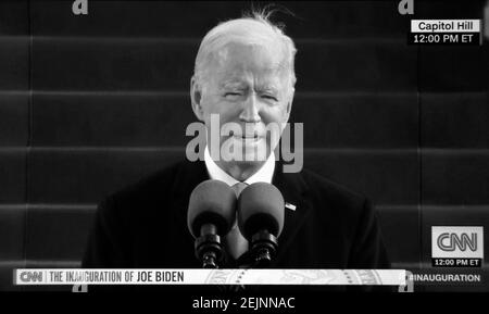 Une capture d'écran de CNN du président américain Joe Biden qui a pris la parole lors de son inauguration le 20 janvier 2021. Banque D'Images