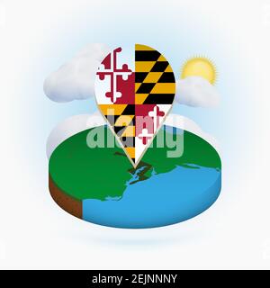 Carte circulaire isométrique de l'État des États-Unis du Maryland et marqueur de point avec drapeau du Maryland. Nuage et soleil en arrière-plan. Illustration du vecteur isométrique. Illustration de Vecteur