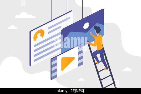 Les personnes téléchargent des fichiers vidéo contenu concept illustration vectorielle. Personnage utilisateur de cartoon debout sur les escaliers en échelle lors du téléchargement de données numériques, de documents vidéo et audio sur fond de nuage Illustration de Vecteur