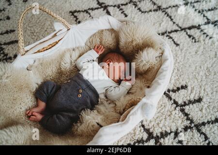 Adorable bébé blanc de nouveau-né dormant dans le panier Moses avec confortable tapis Banque D'Images