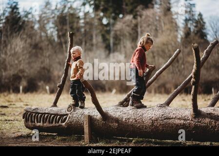 Frères marchant sur une bûche sculptée dans la forêt une journée d'hiver ensoleillée Banque D'Images