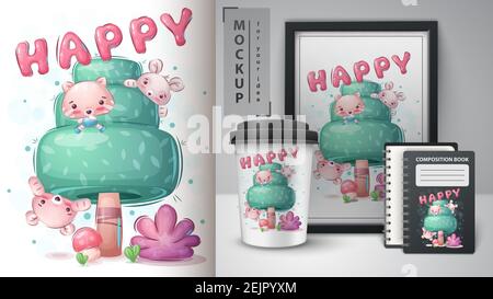 Chat, souris, ours dans l'affiche de l'arbre et merchandising. Illustration de Vecteur