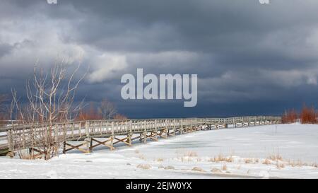 Un vieux pont en bois traverse une section du front de mer gelé de la baie Georgienne à Collingwood, en Ontario. Le ciel au-dessus est menaçant et sombre, avec un hiver Banque D'Images