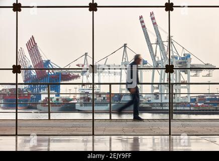 Hambourg, Allemagne. 22 février 2021. Un homme marche derrière une façade de verre le long de l'Altonaer Holzhafen. En arrière-plan, on peut voir les navires à conteneurs et les grues au terminal de conteneurs de Tollerort (effet d'essuyage dû à une longue exposition). Le 23.2.2021 la conférence de presse annuelle en ligne de l'Association des armateurs allemands (VDR) a lieu avec un bilan de 2020 et des perspectives pour 2021. Credit: Georg Wendt/dpa/Alay Live News Banque D'Images