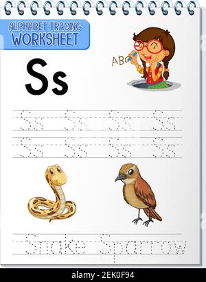Feuille de travail de tracé alphabétique avec illustration des lettres S et S. Illustration de Vecteur