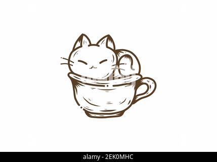 Dessin de dessin au trait de chat sur le dessin d'illustration de la tasse Illustration de Vecteur