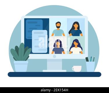 Réunion vidéo entre collègues via l'application de chat vidéo sur l'illustration vectorielle plate de l'ordinateur. Concept de conversation vidéo. Illustration de Vecteur