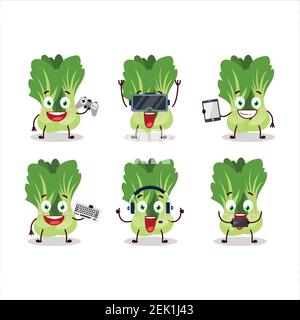 Le personnage de dessin animé de bok choy joue à des jeux avec diverses émoticônes mignons. Illustration vectorielle Illustration de Vecteur