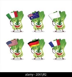 Le personnage de dessin animé de bok choy apporte les drapeaux de divers pays. Illustration vectorielle Illustration de Vecteur