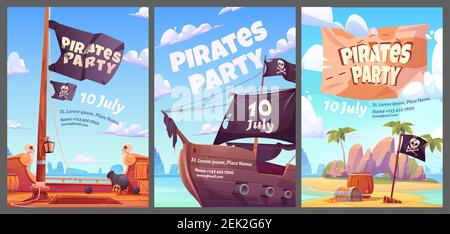 Pirates Party Kids aventure caricatures affiches avec coffre au Trésor avec l'or sur l'île secrète, bateau à succès avec drapeau et canon Jolly roger, invitation à l'événement des enfants, vecteur vertical flyers set Illustration de Vecteur