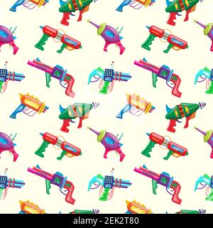Motif de dessin animé vectoriel sans couture de blasters colorés pour enfants. Illustration de Vecteur