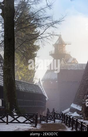 Moulin du château du Haut-Koenigsbourg, dans la brume en hiver, Alsace, France Banque D'Images