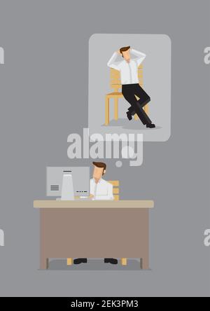Employé d'entreprise fatigué pensant et rêvant de se détendre à la maison tout en travaillant à son bureau. Concept de surcharge au travail. Isoler le vecteur Illustration de Vecteur