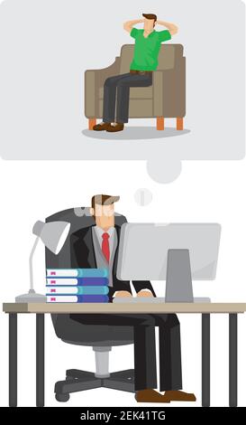 Employé d'entreprise fatigué pensant et rêvant de se détendre à la maison tout en travaillant à son bureau. Concept de surcharge au travail. Isoler le vecteur Illustration de Vecteur