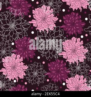 Motif sans couture avec silhouettes dahlia sur fond violet Illustration de Vecteur