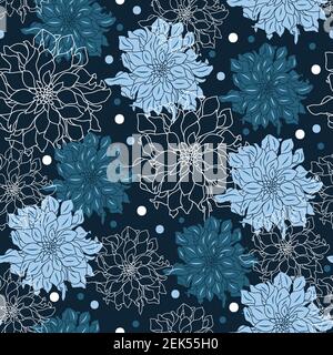 Motif sans couture avec silhouettes dahlia sur fond bleu foncé Illustration de Vecteur