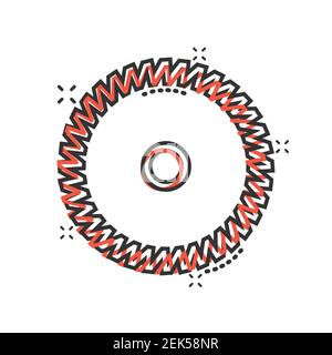 Icône de lame de scie dans le style comique. Illustration vectorielle de dessin animé de machine circulaire sur fond blanc isolé. Concept commercial effet éclaboussures de disque rotatif. Illustration de Vecteur