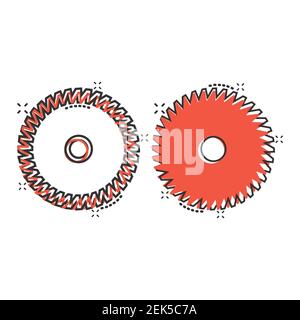 Icône de lame de scie dans le style comique. Illustration vectorielle de dessin animé de machine circulaire sur fond blanc isolé. Concept commercial effet éclaboussures de disque rotatif. Illustration de Vecteur