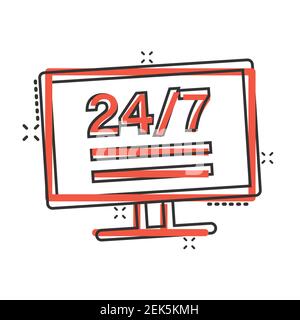 24/7 icône d'ordinateur en style comique. Illustration vectorielle de la journée de service sur fond blanc isolé. Prend en charge le concept métier Splash Effect. Illustration de Vecteur