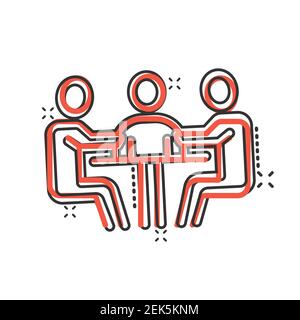 Personnes avec icône de table dans le style comique. Illustration vectorielle de la conférence de travail d'équipe sur fond blanc isolé. Effet de destruction du dialogue du haut-parleur busi Illustration de Vecteur