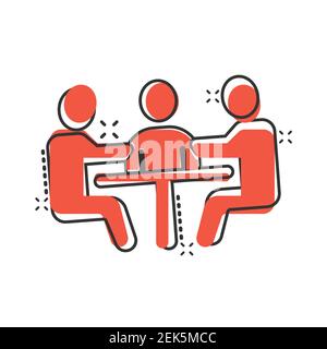 Personnes avec icône de table dans le style comique. Illustration vectorielle de la conférence de travail d'équipe sur fond blanc isolé. Effet de destruction du dialogue du haut-parleur busi Illustration de Vecteur