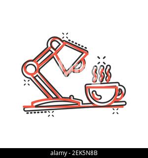 Lampe avec icône de tasse de café en style comique. Illustration du vecteur de dessin animé de l'ampoule sur fond blanc isolé. Les éclaboussures d'électricité ont un effet sur la conce des affaires Illustration de Vecteur
