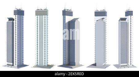 5 vues de différents côtés rendus de conception fictive gratte-ciel abstrait tours de vie avec des reflets de ciel - isolé sur blanc, illustration 3d de skysc Banque D'Images