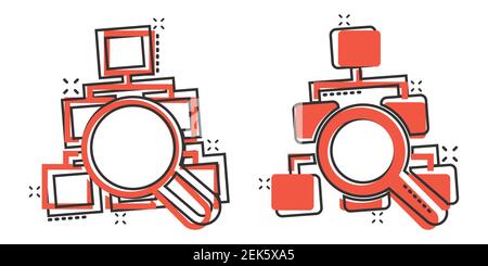 Icône de diagramme hiérarchique en style de bande dessinée. Illustration vectorielle de recherche de structure sur fond blanc isolé. Effet de destruction du flux de travail de l'organisation Illustration de Vecteur