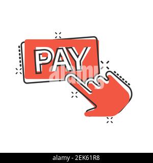 L'icône de la boutique payante en style comique. Illustration du vecteur de dessin animé du curseur de doigt sur un arrière-plan isolé. Cliquez sur le bouton Splash Effect Business concept. Illustration de Vecteur