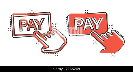 L'icône de la boutique payante en style comique. Illustration du vecteur de dessin animé du curseur de doigt sur un arrière-plan isolé. Cliquez sur le bouton Splash Effect Business concept. Illustration de Vecteur