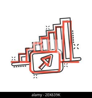 Icône de tendance du marché dans le style comique. Flèche de croissance avec illustration vectorielle de loupe sur fond blanc isolé. Augmenter l'effet de destruction des affaires Illustration de Vecteur