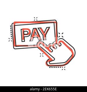 L'icône de la boutique payante en style comique. Illustration du vecteur de dessin animé du curseur de doigt sur un arrière-plan isolé. Cliquez sur le bouton Splash Effect Business concept. Illustration de Vecteur