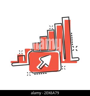 Icône de tendance du marché dans le style comique. Flèche de croissance avec illustration vectorielle de loupe sur fond blanc isolé. Augmenter l'effet de destruction des affaires Illustration de Vecteur