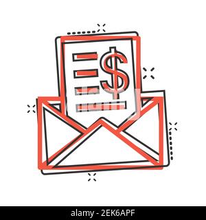 Enveloppe avec icône argent en style comique. Envoyer par e-mail une illustration vectorielle de dessin animé en espèces sur fond blanc isolé. Le message de financement a un effet négatif sur l'entreprise Illustration de Vecteur